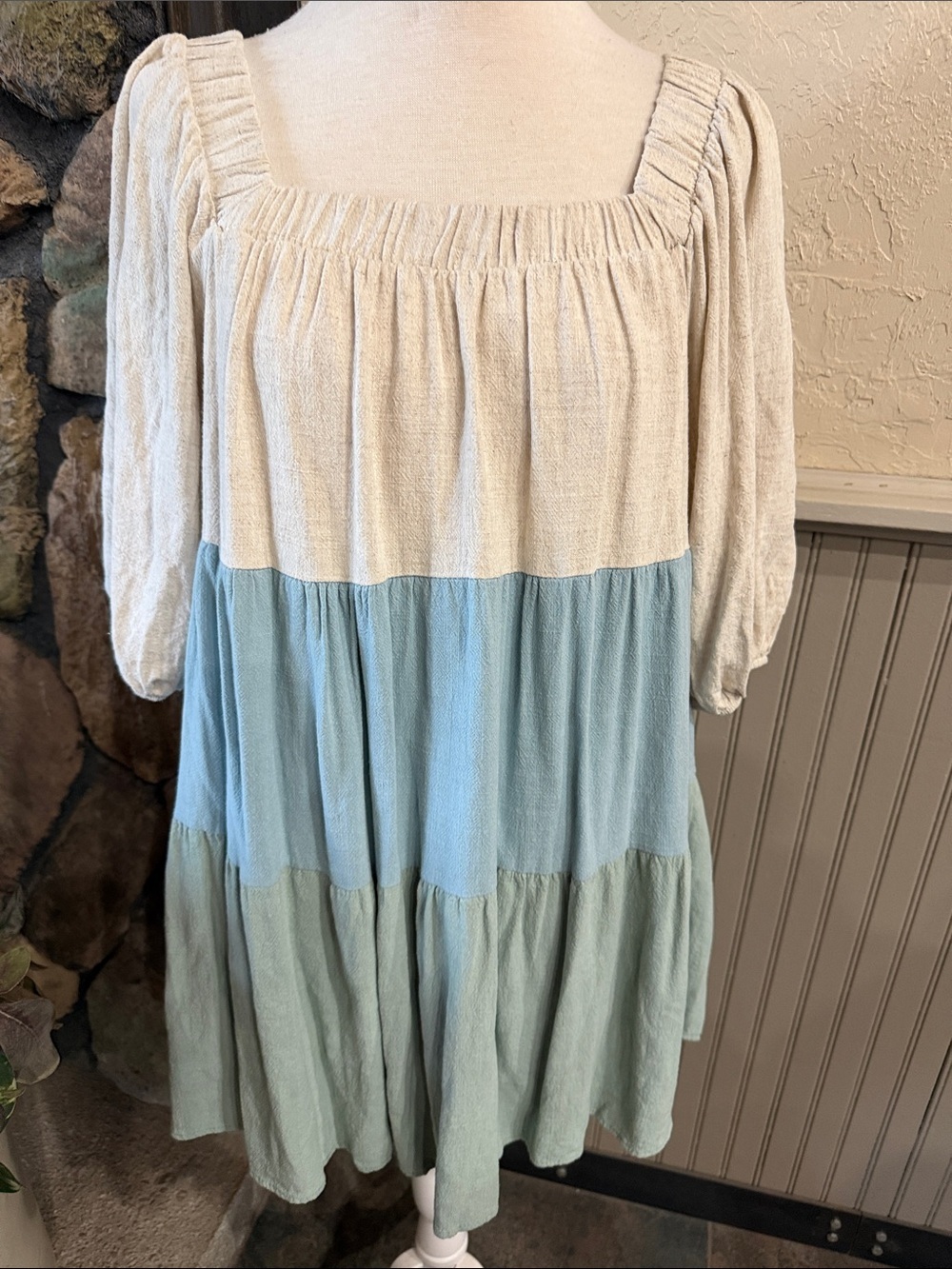 Tiered Square-Neck Mini Dress in Cream and Light Blue